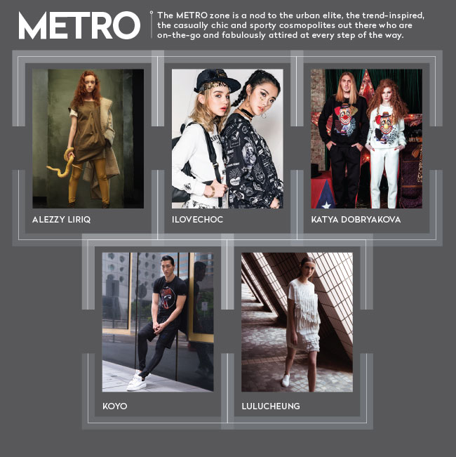 METRO: The METRO zone is a nod to the urban elite, the trend-inspired, the casually chic and sporty cosmopolites out there who are on-the-go and fabulously attired at every step of the way.